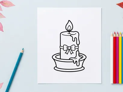 Icono de arte lineal de vela encendida. Vela decorativa con moño para celebración de festividades.