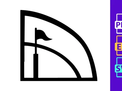 A black and white logo featuring a flag on a pole within a partial circle