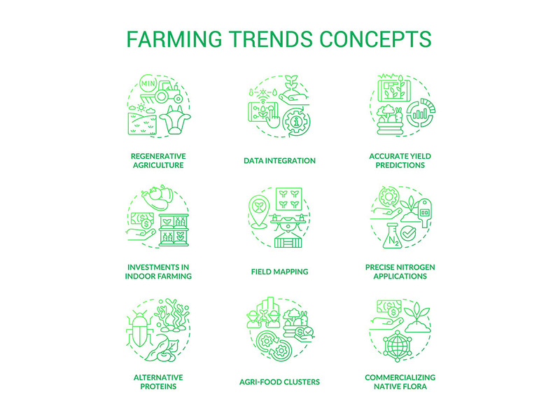 Farming trends green gradient concept icons set