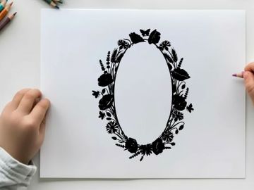 Silhouette of floral oval frame with butterflies and leaves preview picture