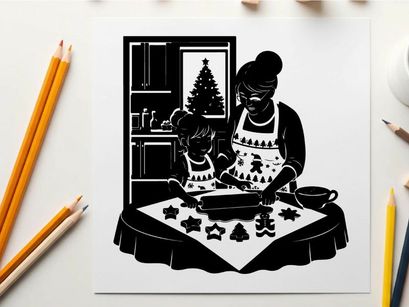 Mother and child baking christmas cookies silhouette