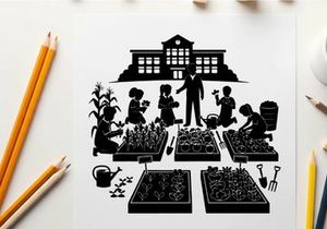 Silhouette of a man and children gardening in front of a school
