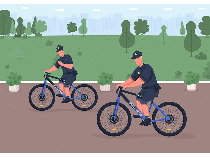 Police bicycle patrol flat color vector illustration