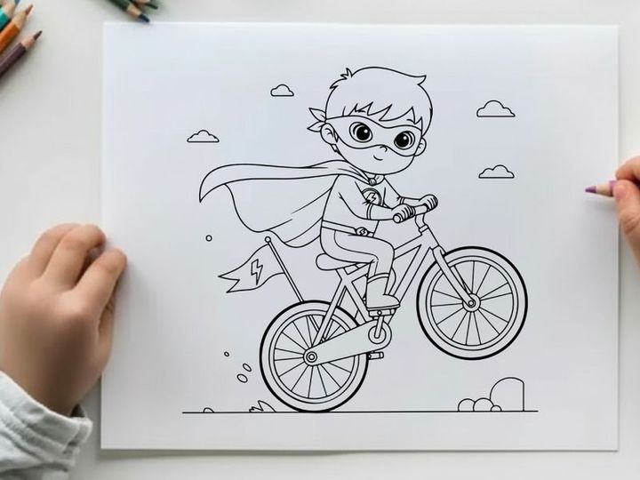 Kid superhero riding bike vector illustration flat design
