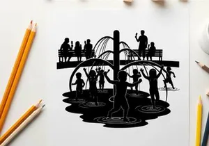 Silhouette of children playing in a splash pad on a sunny day