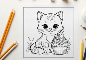 Cute kitten with cupcake vector illustration flat design