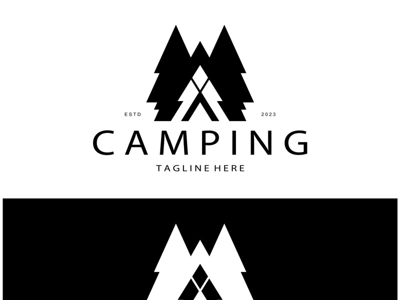 vintage and retro tent logo, camping. With tent, tree and bonfire sign. adventurers, scouts, climbers, camping equipment center