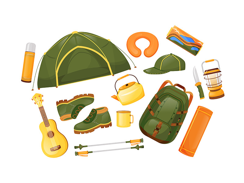 Camping gear flat color vector objects set