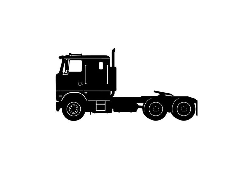 Silhouette of a semi truck tractor unit with cabin and wheels