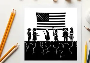 American silhouette patriotic performance with flag and actors