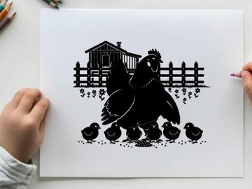 Mother hen and chicks silhouette on farm yard scene preview picture