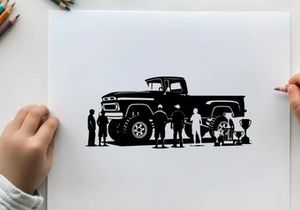 Silhouette of people standing next to a large pickup truck silhouette
