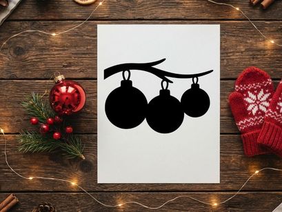 Silhouet hitam hiasan bola natal menggantung di ranting pohon untuk desain hari raya