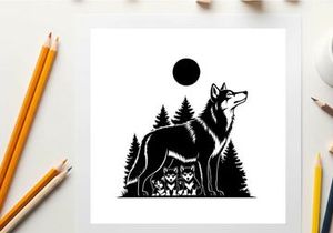 Silhouette of a wolf howling at the moon in a forest