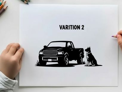 Silhouette of a pickup truck and dog in grass