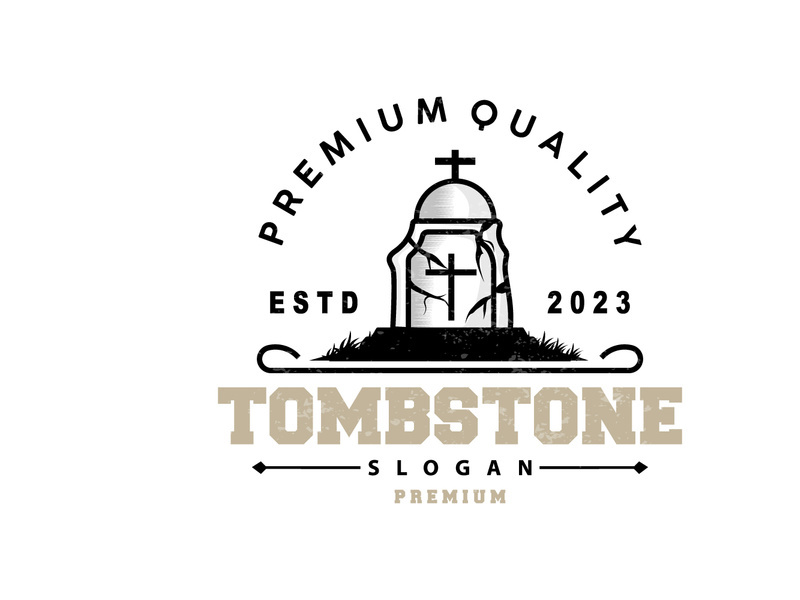 Tombstone Logo, Tomb Cemetery Cross, Vector Vintage