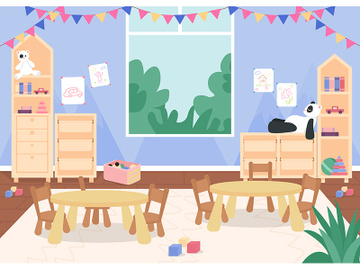 Kindergarten playroom with desks and chair for kids flat color vector illustration preview picture