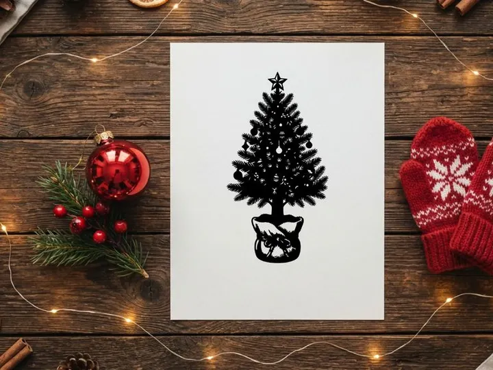 Black and white silhouette of a decorated Christmas tree in a burlap sack pot