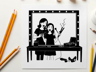 Silhouette of two girls singing with microphones in front mirror