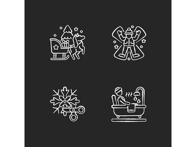 Winter holiday entertainment chalk white icons set on black background