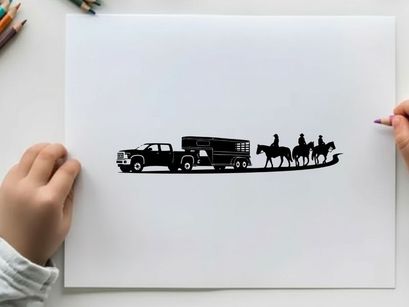 Silhouette of a pickup truck towing a horse trailer with riders on horseback silhouette