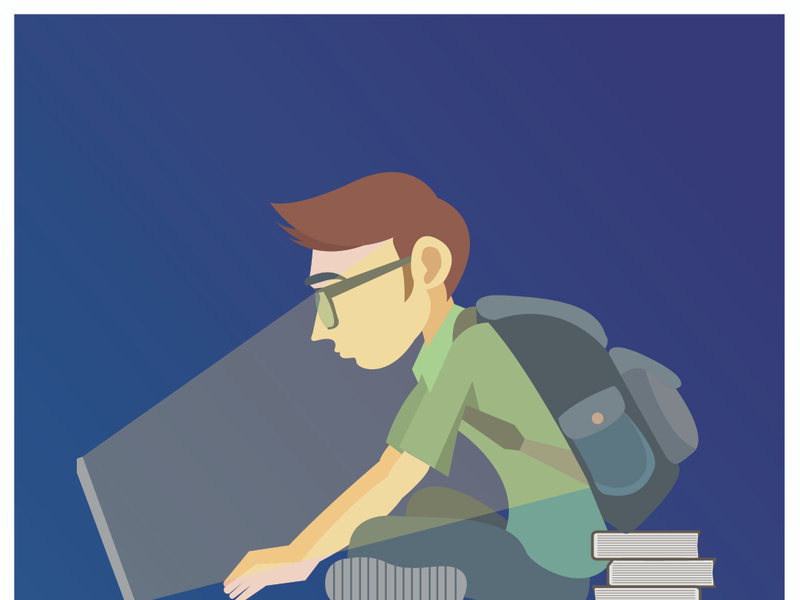 Boy sits and plays on the laptop. Child with his legs crossed is holding a computer on his lap. Vector illustration, flat style front view.