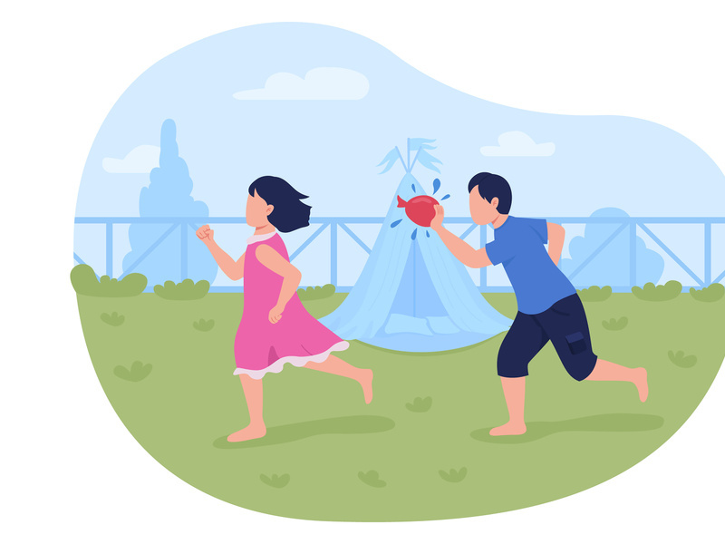 Throwing water balloons 2D vector web banner, poster