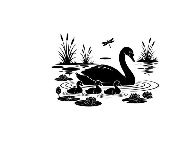 Mother swan and cygnets in pond with silhouette