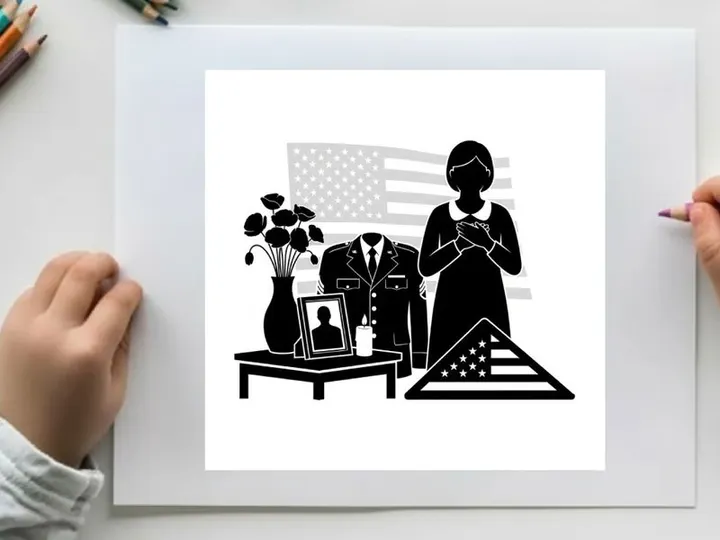 Mourning silhouette of woman at a military funeral service with american flag
