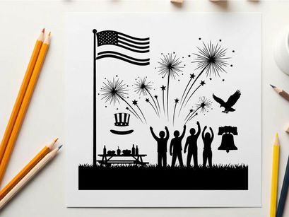 American independence day celebration silhouette with fireworks and flag