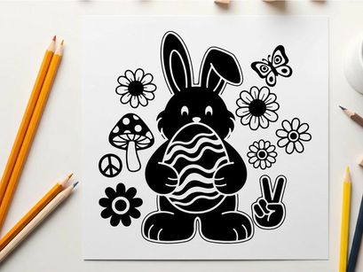 Easter bunny holding egg silhouette with flowers and butterflies