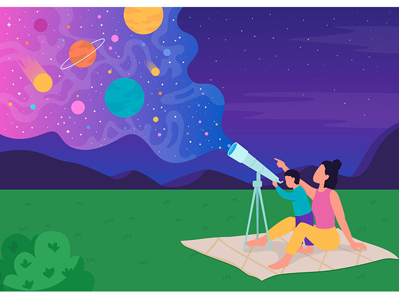 Family stargazing with telescope flat color vector illustration