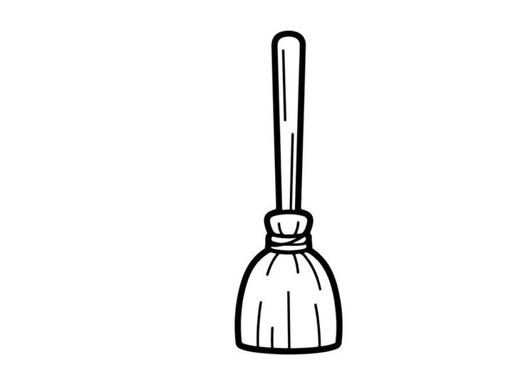 Ikon sapu terbang. Ilustrasi seni garis hitam putih sederhana dari sapu sihir.