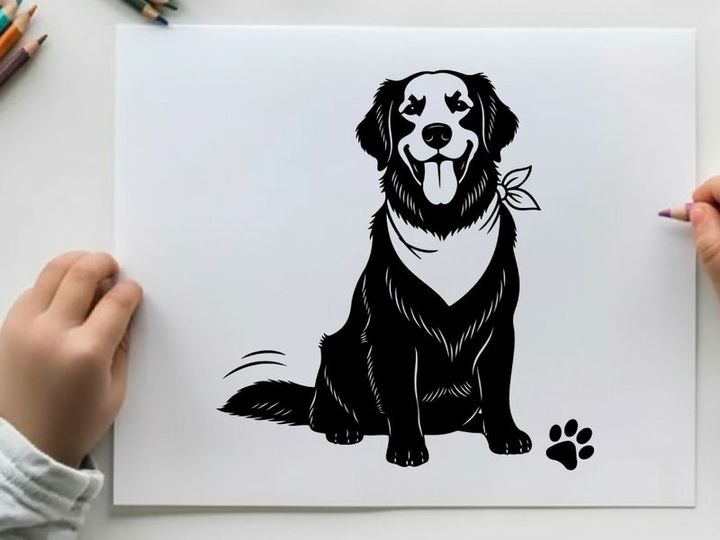 Silhouette of a smiling dog with bandana and paw