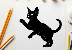 Black cat silhouette with raised paw on white background