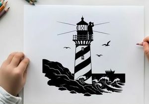 Silhouette of a lighthouse standing tall against crashing waves and seagulls silhouette