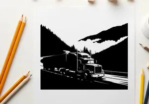 Truck driving through mountains in silhouette