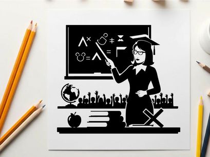 Silhouette of a teacher in front of a blackboard silhouette