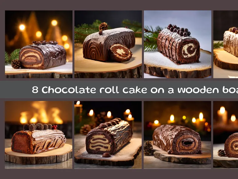 Chocolate roll cake on a wooden board