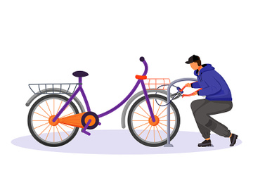 Guy stealing bicycle attached to bike rack flat color vector faceless character preview picture