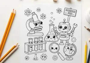 Cute science robot and lab tools vector illustration flat design
