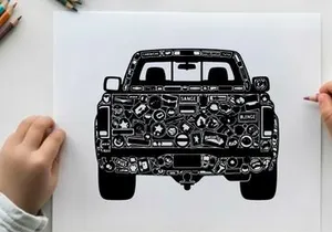 Silhouette of a pickup truck with detailed engine components in black and white