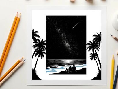 Silhouette of a person on a beach at night with palm trees and milky way