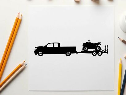 Silhouette of a pickup truck towing a trailer with a lawn mower silhouette