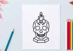 Calavera de vela con llamas encendidas. Calavera decorativa de cerámica espeluznante para decoración del hogar festiva y centro de mesa.