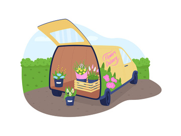 Flower delivery truck 2D vector web banner, poster preview picture