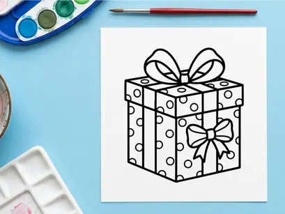 Christmas gift box with polka dot pattern and ribbon bow line art illustration