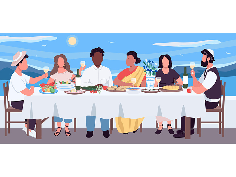 Multicultural dinner flat color vector illustration