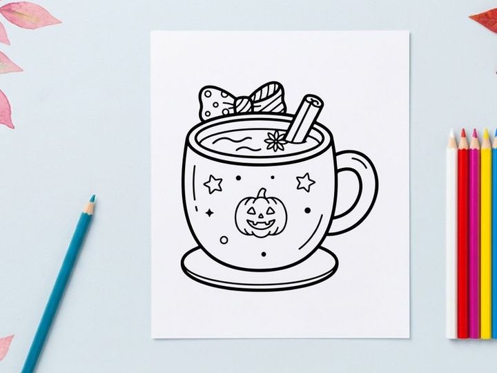 Halloween pumpkin mug with marshmallow topping and candy stirrer. Spooky hot chocolate cup featuring jack-o-lantern face and whipped cream garnish.