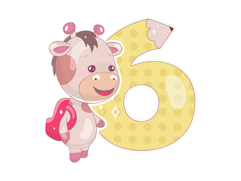 Cute six number with baby giraffe cartoon illustration